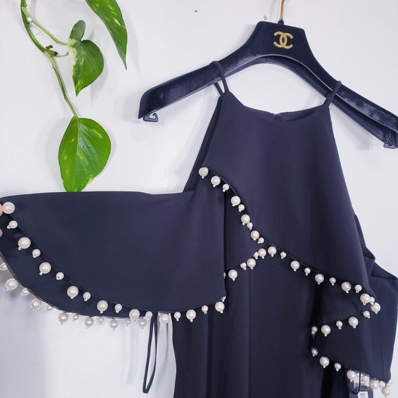 $795 NWT BADGLEY MISCHKA Women's Black Maxi Long Dress‎ 4 SMALL Ruffle Pearls - Picture 7 of 12